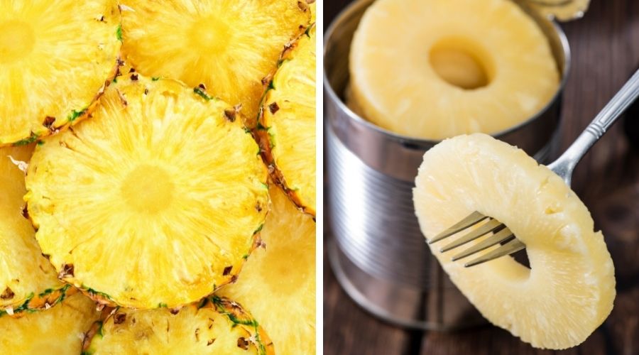 fresh pineapple on the left and canned pineapple on the right to show the difference between the two