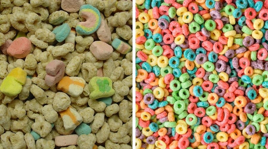 lucky charms on the left and froot loops on the right to compare the two