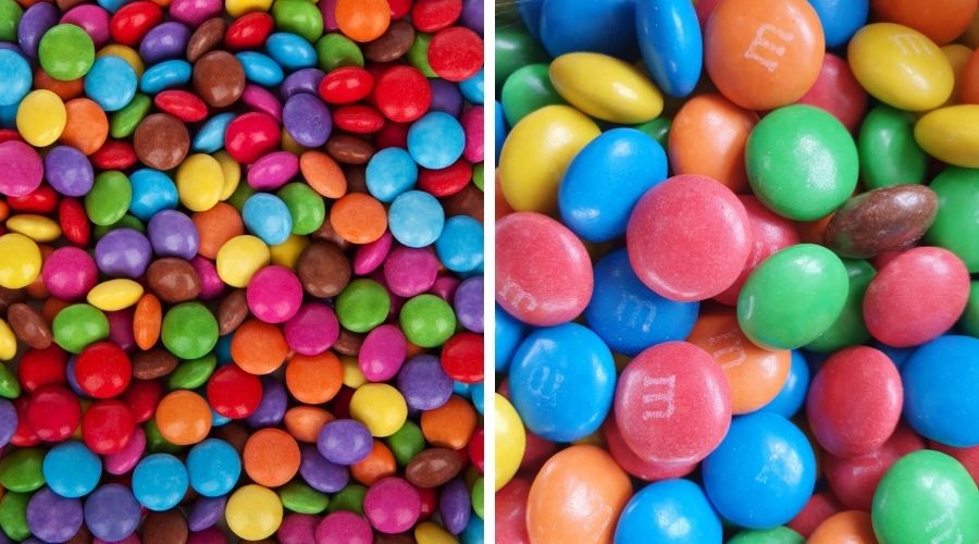 Smarties on the left and M&Ms on the right to show the difference between the two