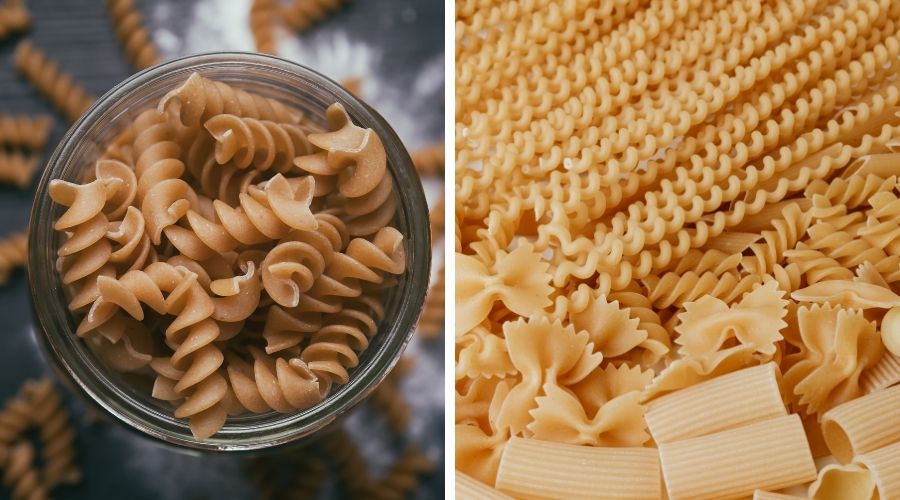brown dry pasta on the left and white on the right to show the difference