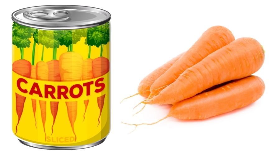 canned carrots on the left and fresh on the right to show the difference